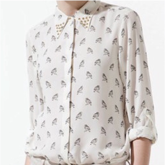 Zara Owl Print Button Up Blouse Size XS - Picture 2 of 8